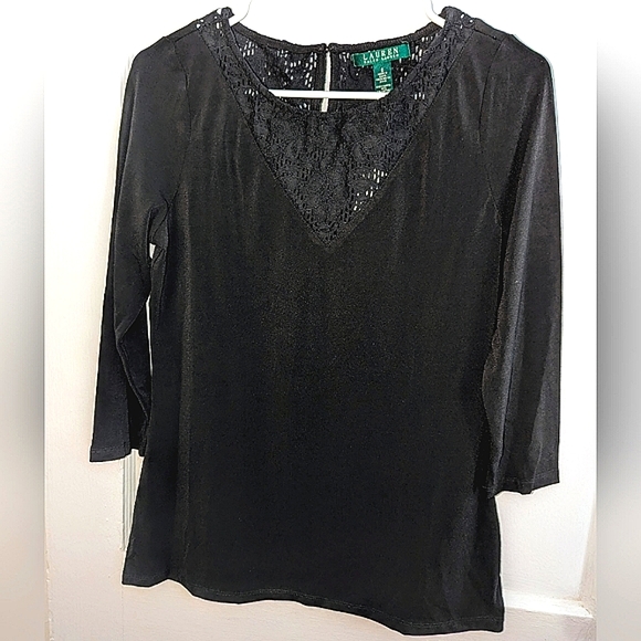 NWT Ralph Lauren Black V-Neck Applique Button Blouse - Picture 1 of 5